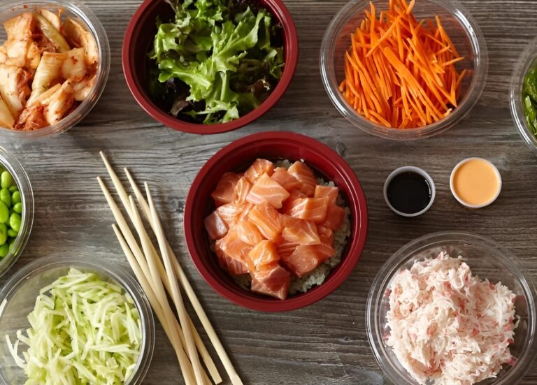 Build your own poke bowl with sushi-grade ahi, salmon, shrimp, scallops, or tofu by Lish