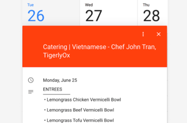 Lish catering lunch event with menu entrees shown in an office calendar