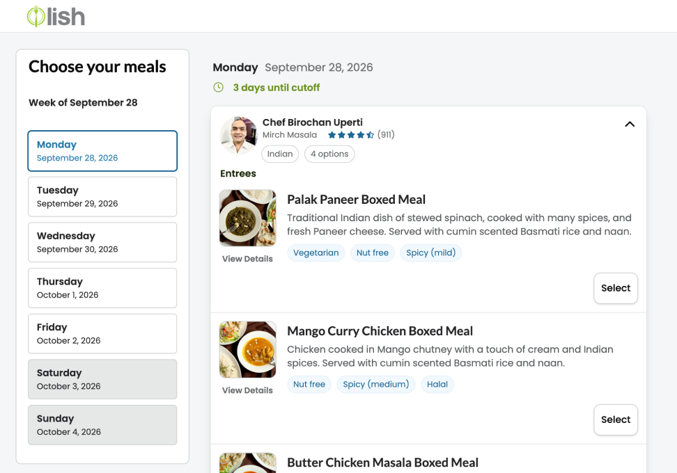 Lish Group Order meal selection screen where employees choose their weekly boxed lunches from local chef menus, with dietary tags like vegetarian, nut free and halal