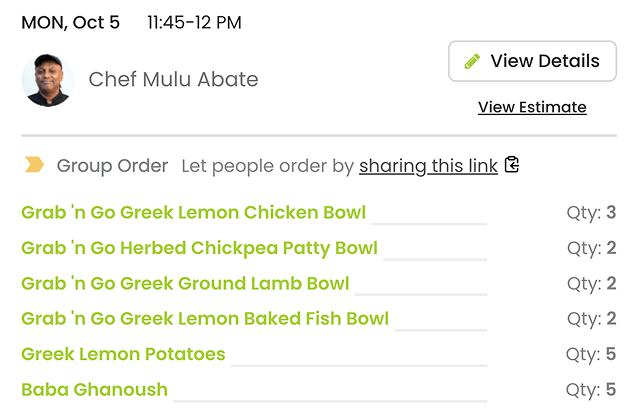 Lish Group Order menu dashboard for office admins showing an upcoming chef menu with dishes and order quantities