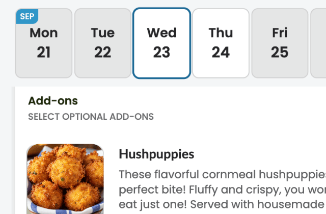 Lish Group Order add-ons screen for choosing optional sides and desserts, such as hushpuppies, for a selected day