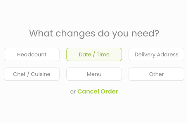 Lish Group Order change request form for updating headcount, date and time, delivery address, cuisine or menu