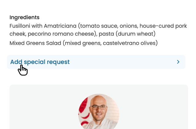 Lish Group Order meal details showing the full ingredient list and an Add special request option